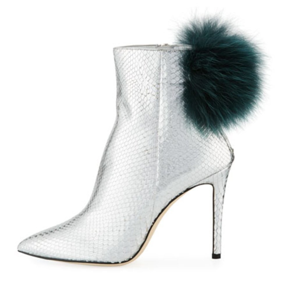 JIMMY CHOO Silver Tesler Python Fox Fur-Pom Booties